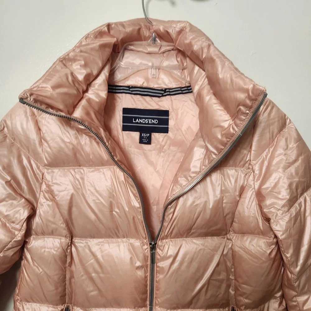 Lands End Full Double Zip Down Puffer Jacket Coat Women's XS Metallic Pink‎ Snow